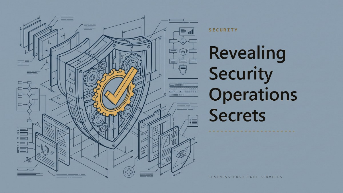 Social card for businessconsultant.services: "Revealing Security Operations Secrets", flat-design graphic, split layout, forest palette, shield motif.