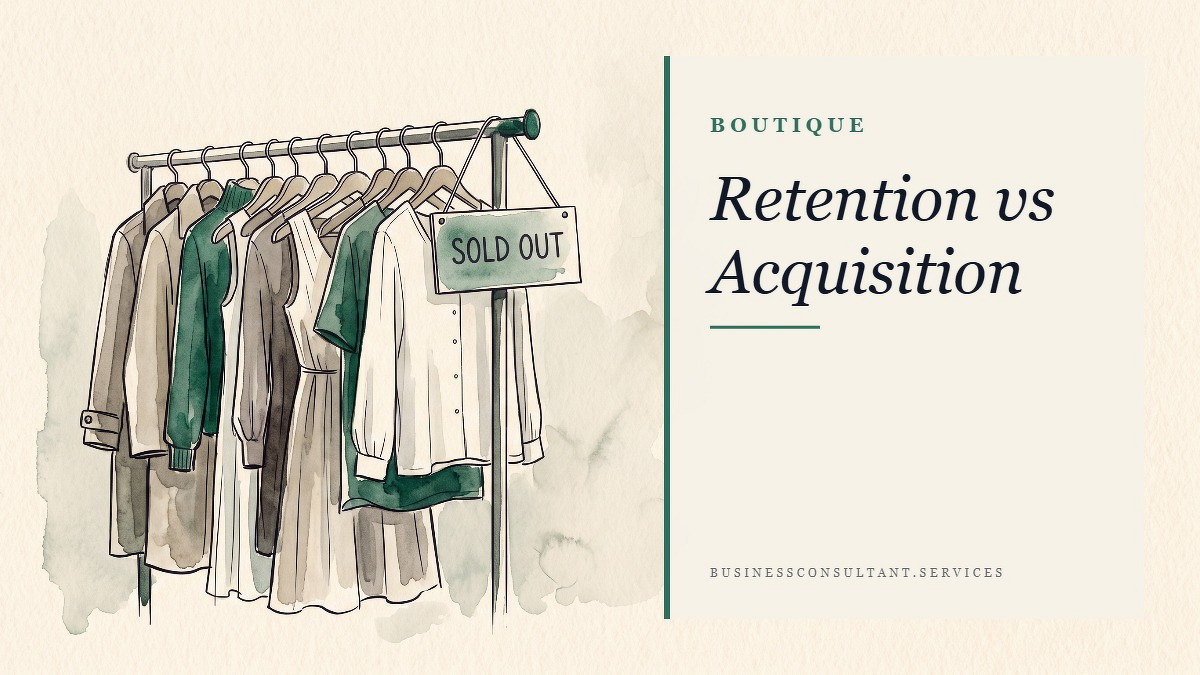 Social card for businessconsultant.services: "Retention vs Acquisition", flat-design graphic, split layout, forest palette, checklist motif.
