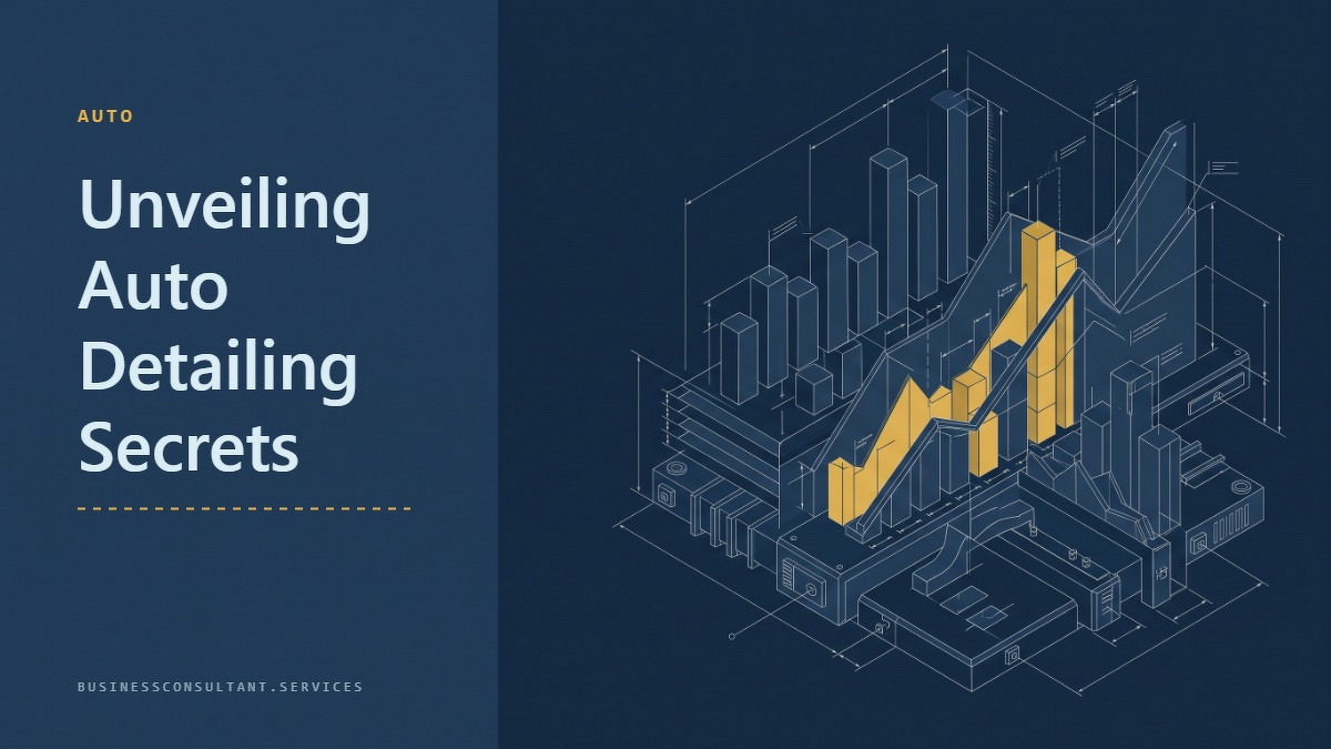 Social card for businessconsultant.services: "Unveiling Auto Detailing Secrets", flat-design graphic, split layout, oxblood palette, chart motif.