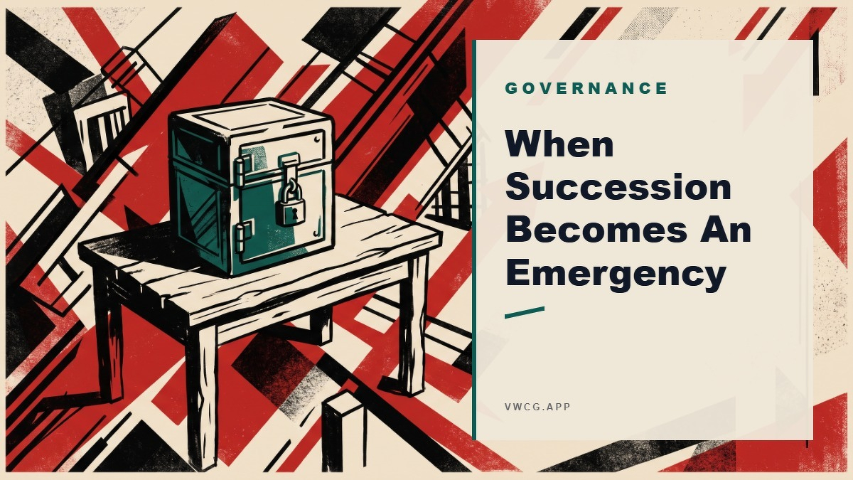 Social card for vwcg.app: "When Succession Becomes An Emergency", flat-design graphic, split layout, forest palette, shield motif.