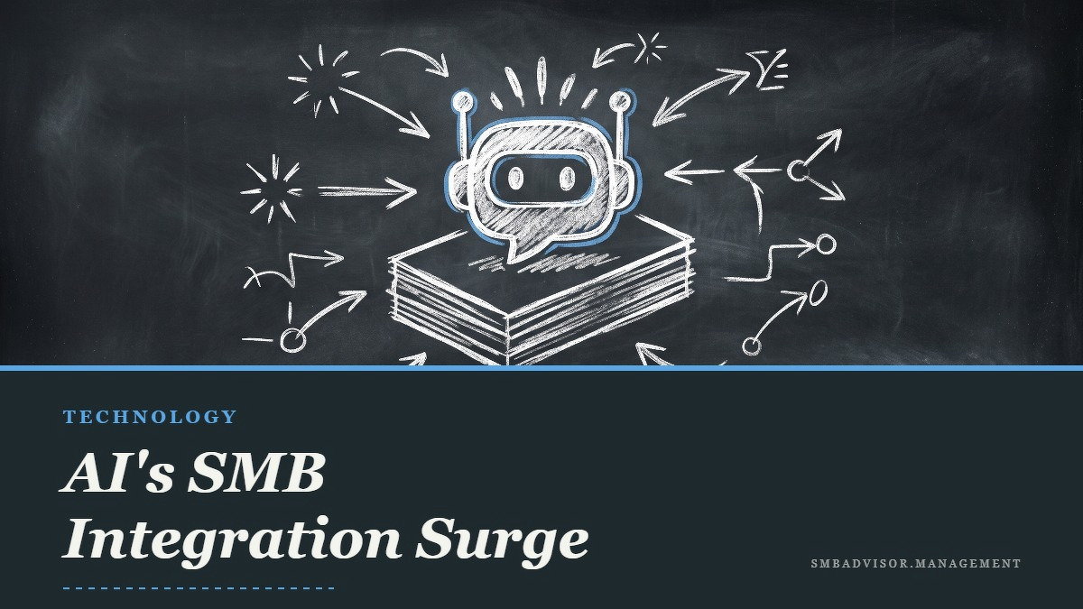 Social card for smbadvisor.management: "AI's SMB Integration Surge", flat-design graphic, slab layout, ink palette, trend-up motif.