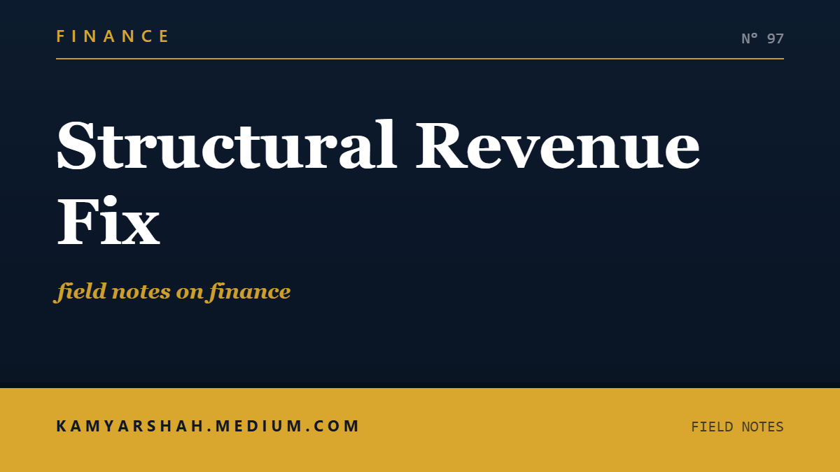 Social card for kamyarshah.medium.com: "Structural Revenue Fix", flat-design graphic, slab layout, ink palette, dollar motif.