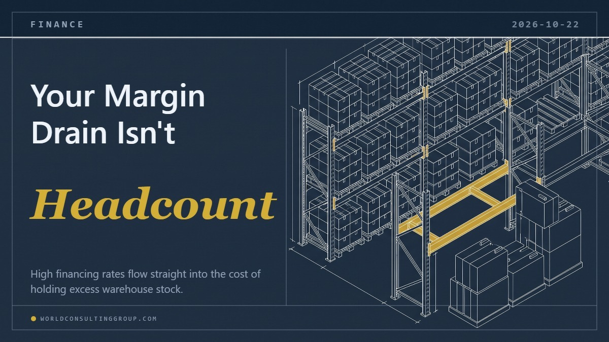 Social card for worldconsultinggroup.com: "Your Margin Drain Isn't Headcount", flat-design graphic, split layout, trend-down motif.