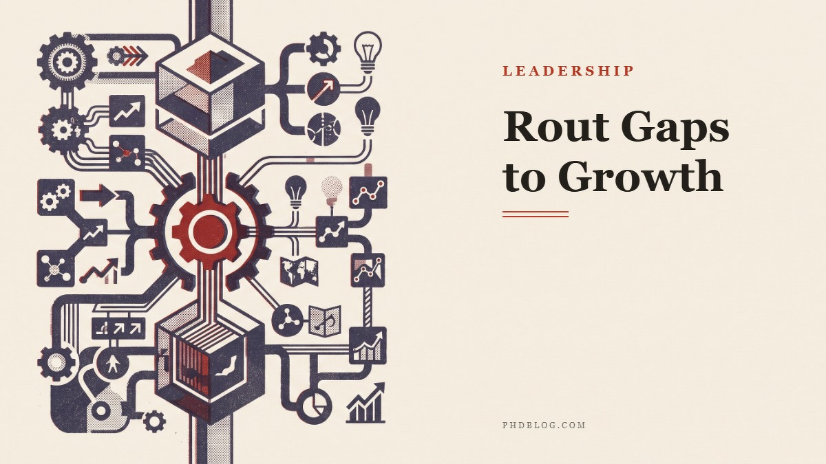 Social card for phdblog.com: "Rout Gaps to Growth", flat-design graphic, split layout, plum palette, roadmap motif.