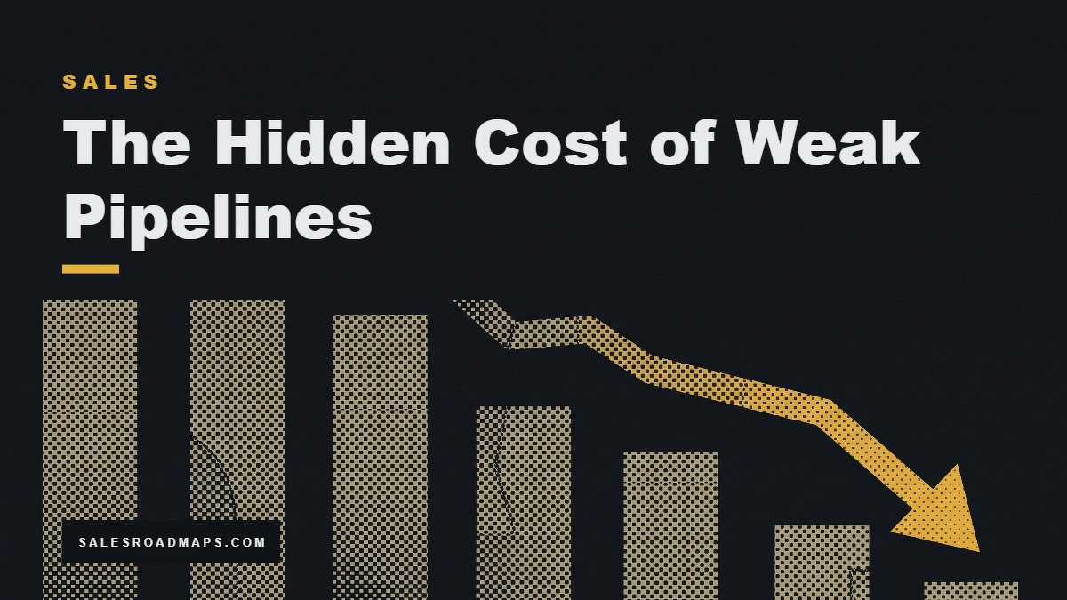 Social card for salesroadmaps.com: "The Hidden Cost of Weak Pipelines", flat-design graphic, diagonal layout, cobalt palette, warning motif.