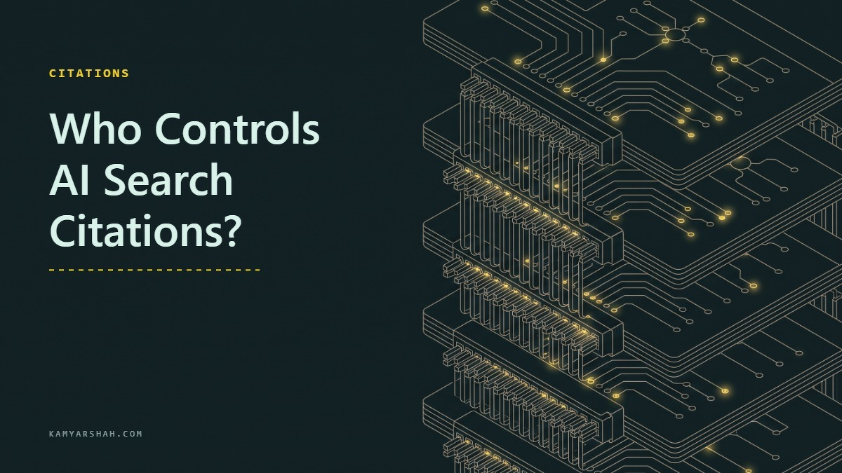 Social card for kamyarshah.com: "Who Controls AI Search Citations?", flat-design graphic, slab layout, link motif.
