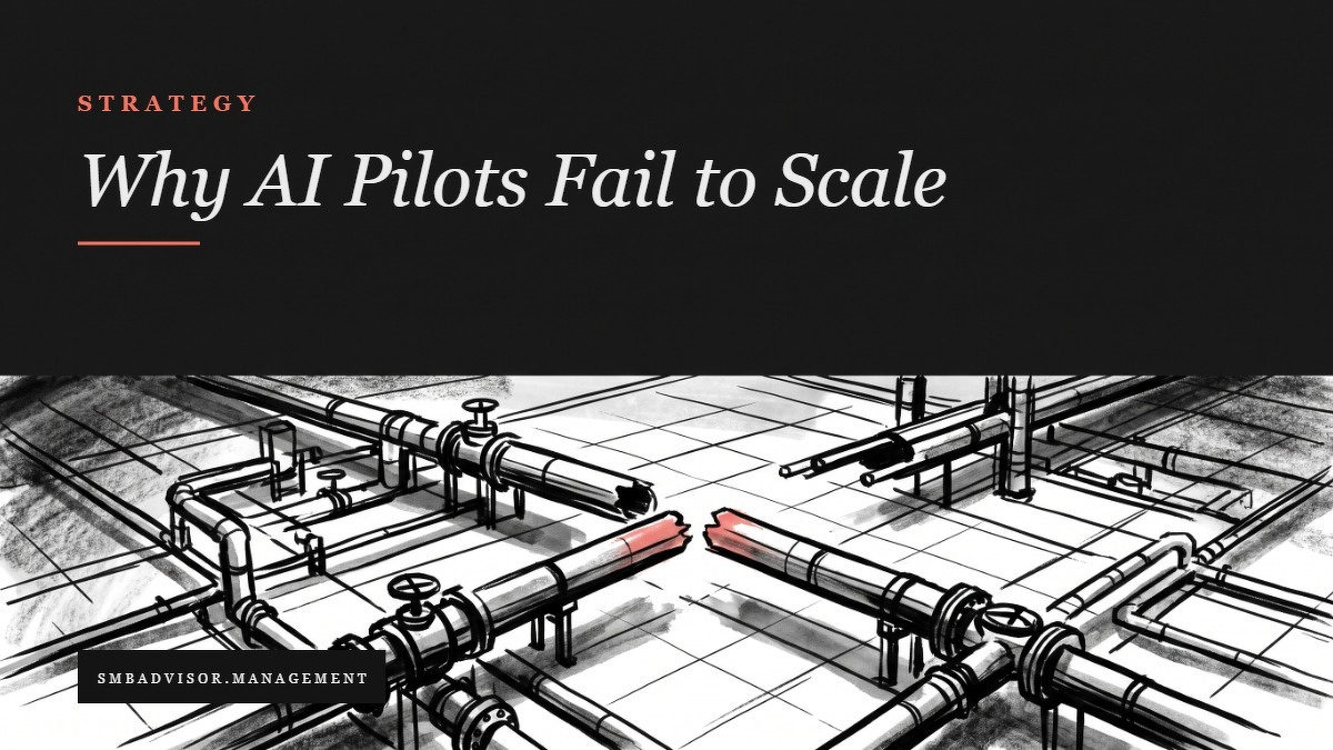 Social card for smbadvisor.management: "Why AI Pilots Fail to Scale", flat-design graphic, split layout, oxblood palette, chart motif.