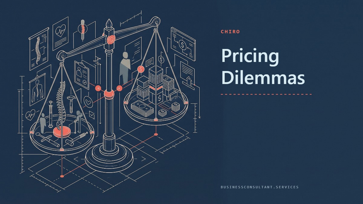 Social card for businessconsultant.services: "Pricing Dilemmas", flat-design graphic, split layout, ink palette, chart motif.