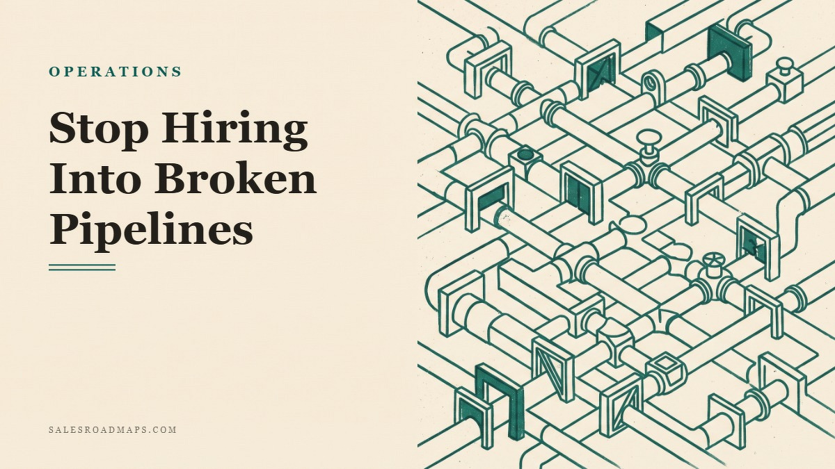 Social card for salesroadmaps.com: "Stop Hiring Into Broken Pipelines", flat-design graphic, split layout, forest palette, roadmap motif.