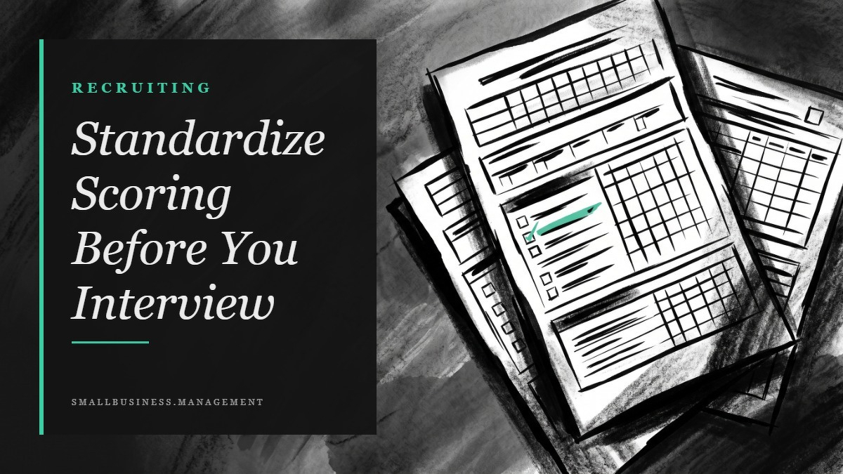 Social card for smallbusiness.management: "Standardize Scoring Before You Interview", flat-design graphic, split layout, plum palette, checklist motif.