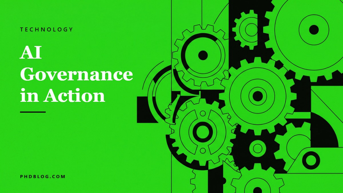 Social card for phdblog.com: "AI Governance in Action", flat-design graphic, slab layout, slate palette, gear motif.