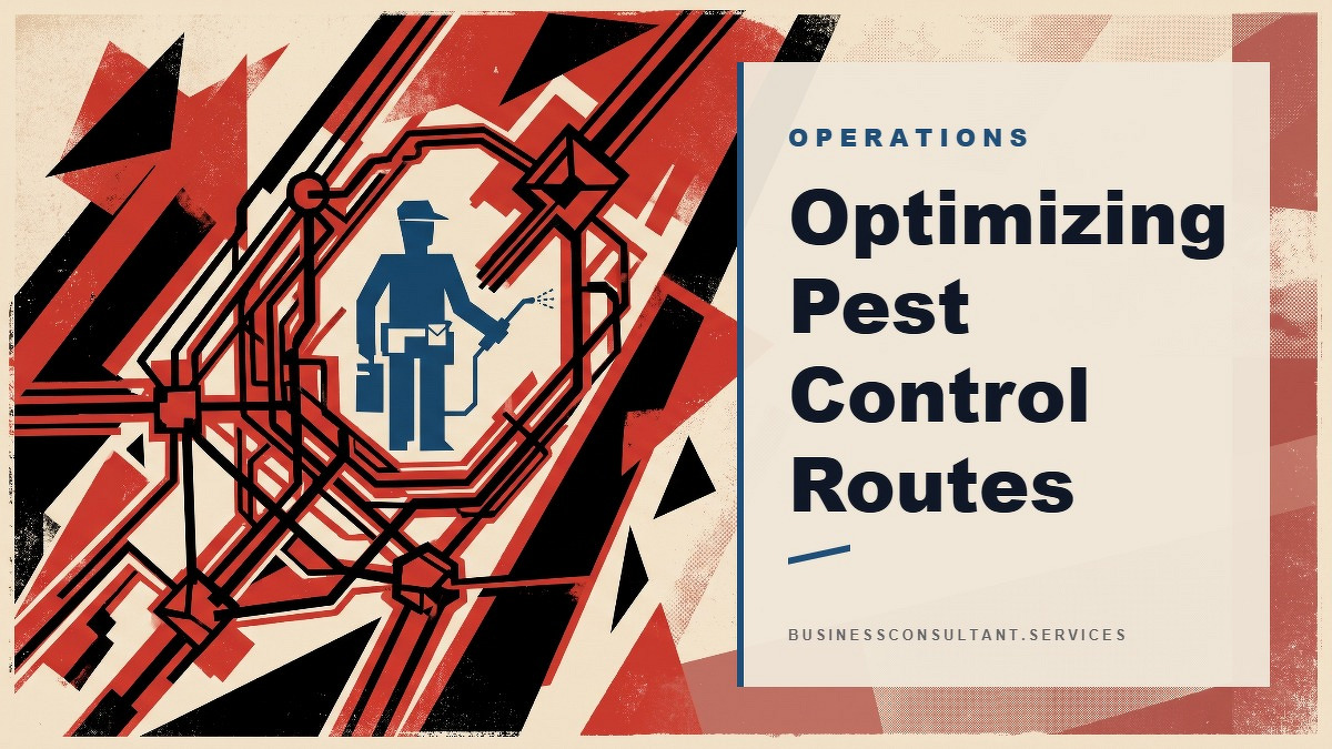 Social card for businessconsultant.services: "Optimizing Pest Control Routes", flat-design graphic, split layout, slate palette, chart motif.
