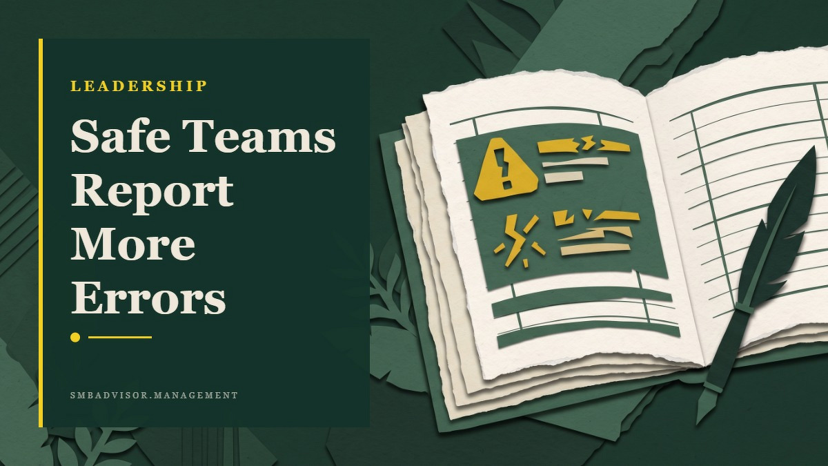 Social card for smbadvisor.management: "Safe Teams Report More Errors", flat-design graphic, split layout, teal palette, shield motif.
