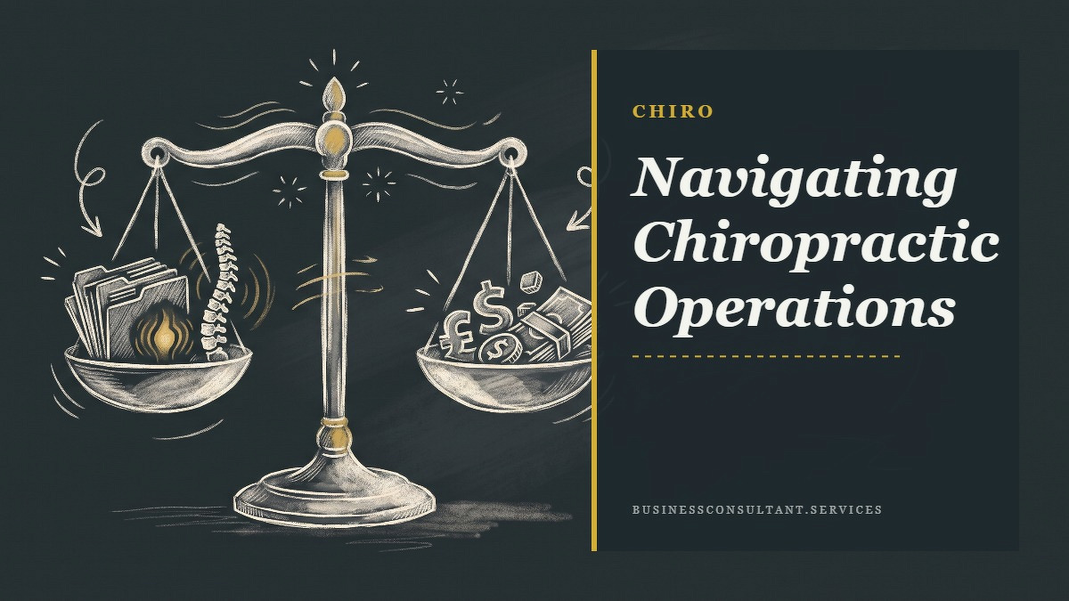 Social card for businessconsultant.services: "Navigating Chiropractic Operations", flat-design graphic, split layout, ink palette, chart motif.