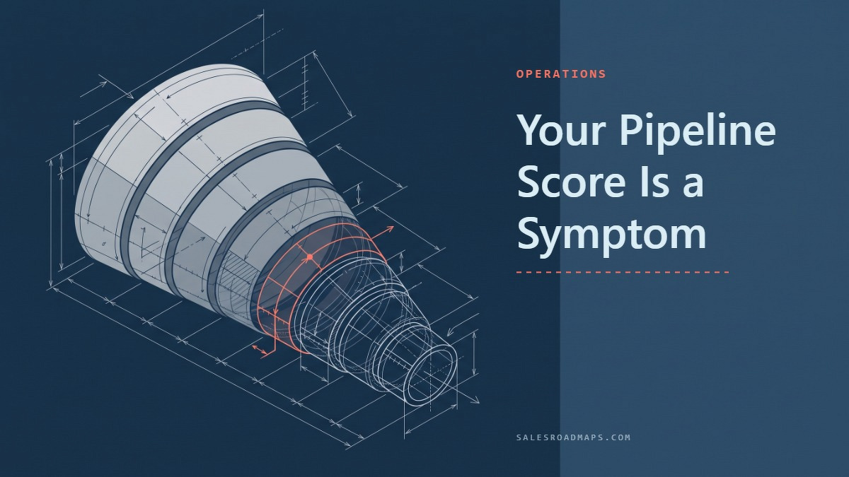 Social card for salesroadmaps.com: "Your Pipeline Score Is a Symptom", flat-design graphic, split layout, ink palette, chart motif.