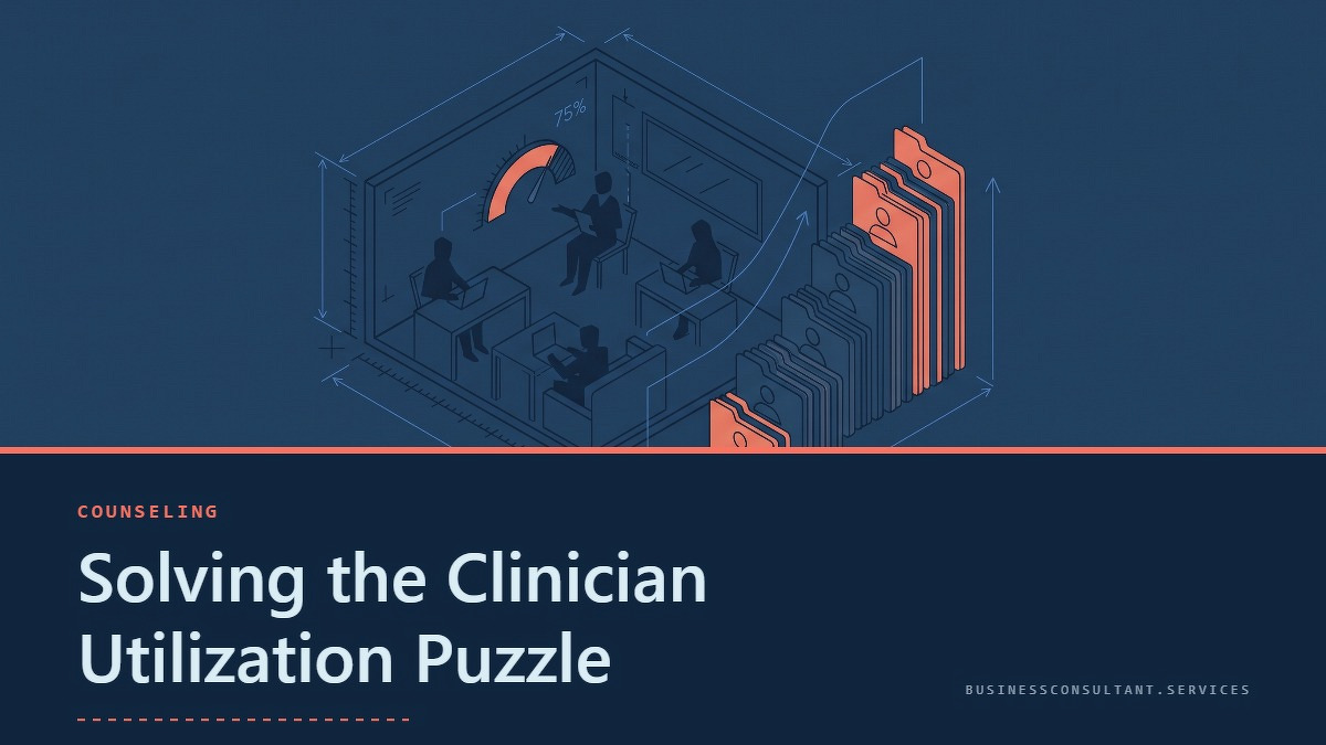 Social card for businessconsultant.services: "Solving the Clinician Utilization Puzzle", flat-design graphic, split layout, plum palette, chart motif.