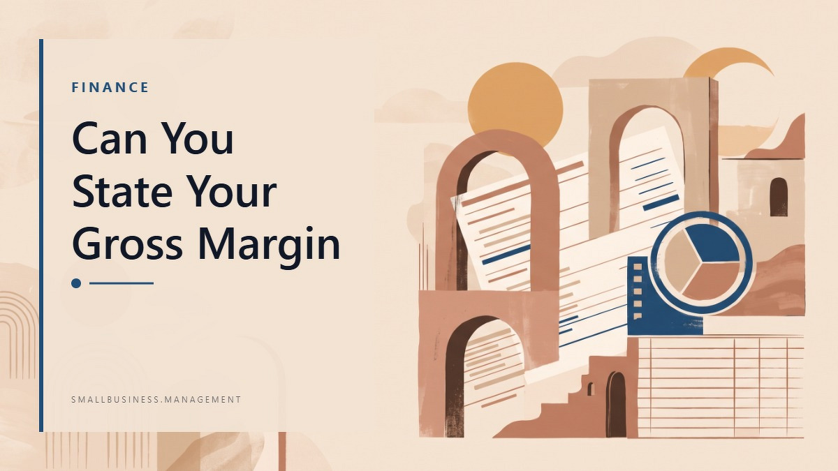 Social card for smallbusiness.management: "Can You State Your Gross Margin", flat-design graphic, split layout, forest palette, chart motif.