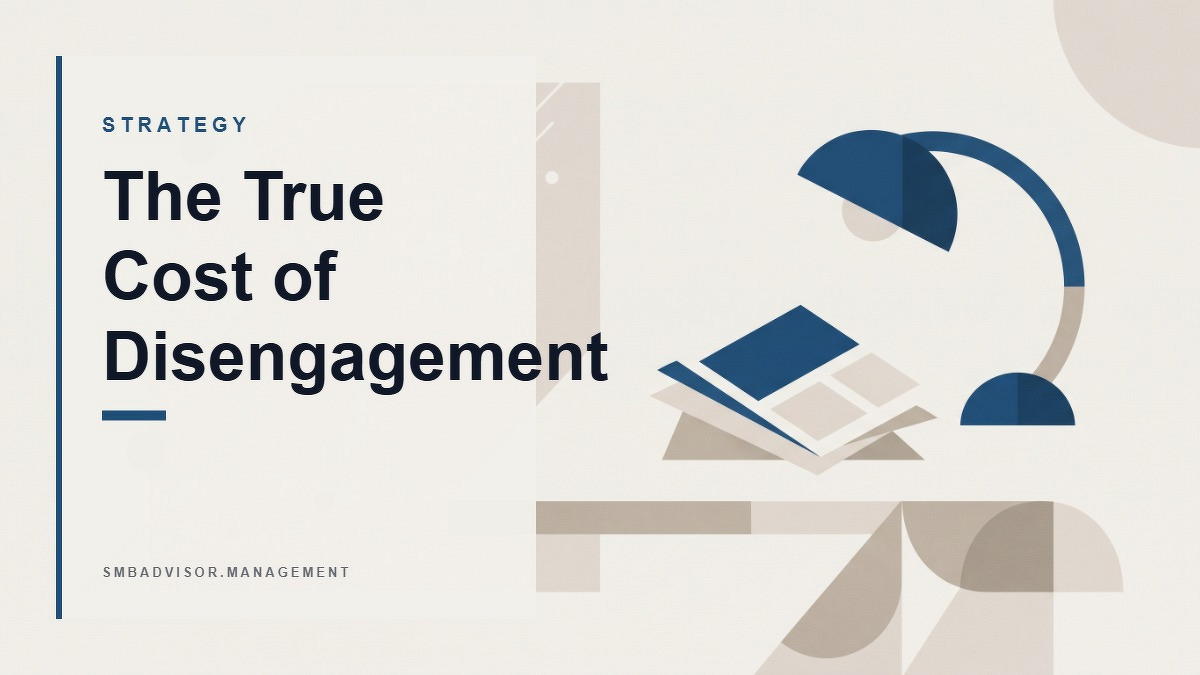 Social card for smbadvisor.management: "The True Cost of Disengagement", flat-design graphic, split layout, cobalt palette, trend-down motif.