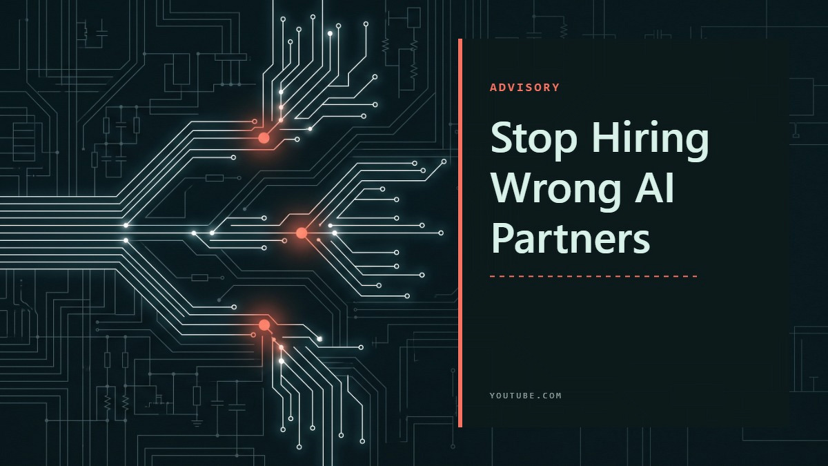 Social card for youtube.com: "Stop Hiring Wrong AI Partners", flat-design graphic, split layout, ink palette, roadmap motif.