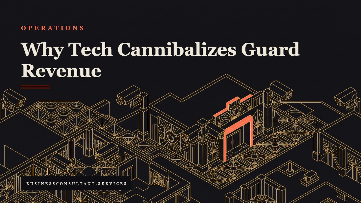 Social card for businessconsultant.services: "Why Tech Cannibalizes Guard Revenue", flat-design graphic, split layout, forest palette, shield motif.