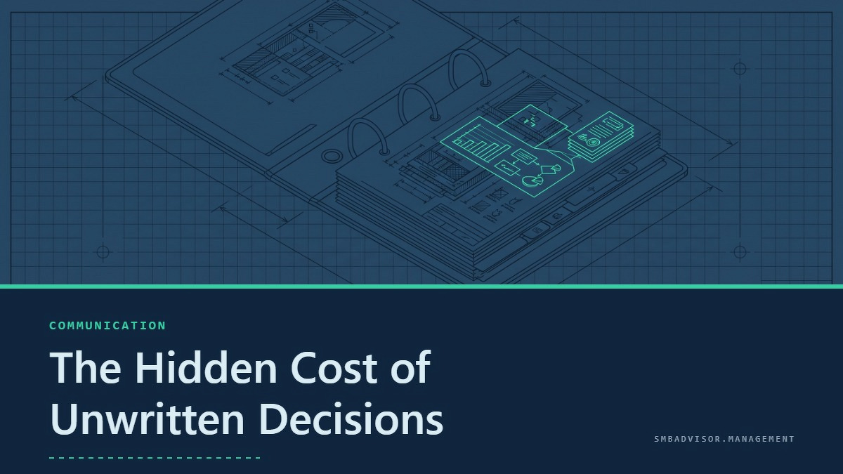 Social card for smbadvisor.management: "The Hidden Cost of Unwritten Decisions", flat-design graphic, slab layout, paper palette, checklist motif.