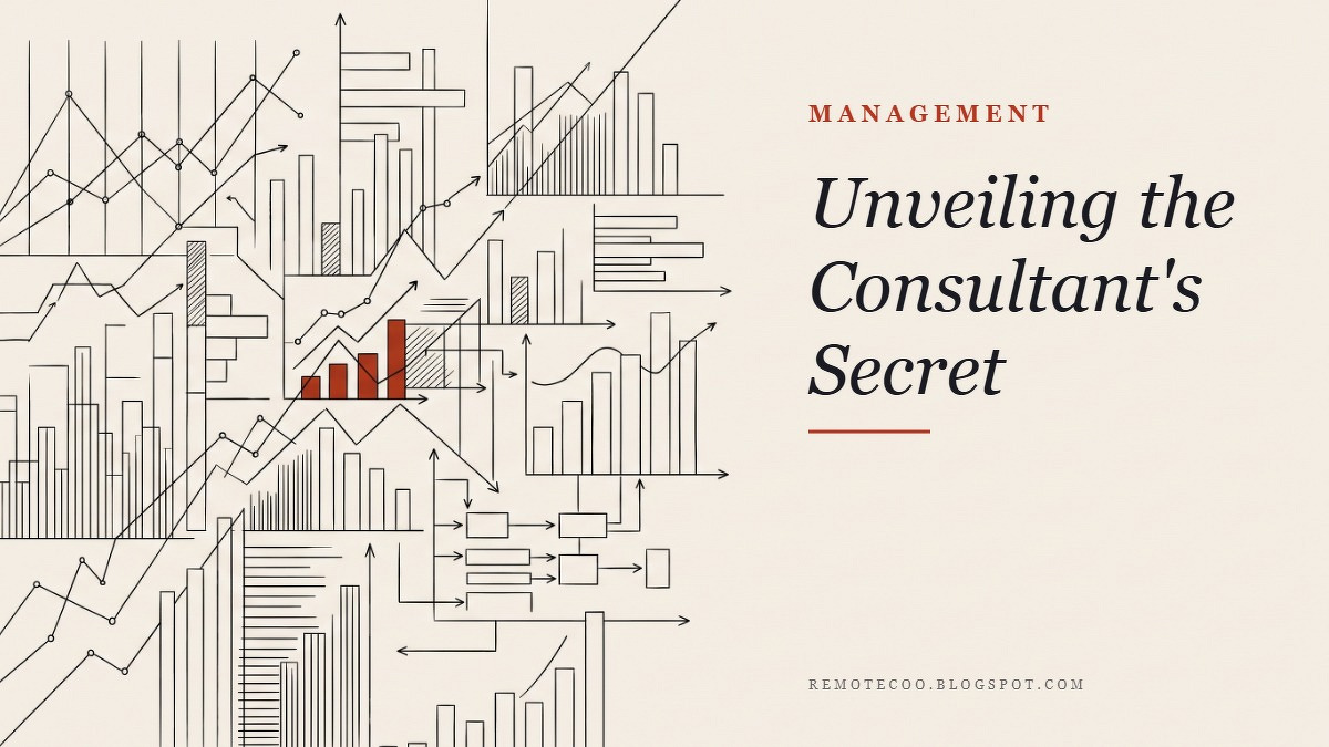 Social card for remotecoo.blogspot.com: "Unveiling the Consultant's Secret", flat-design graphic, split layout, forest palette, chart motif.