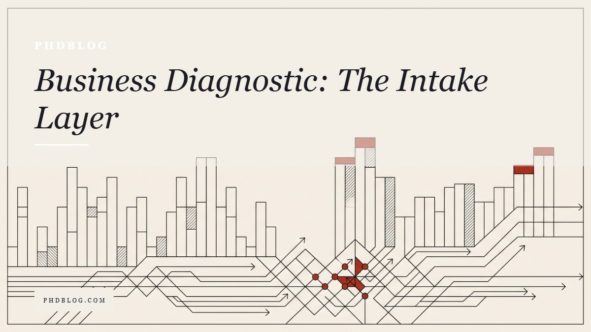 Social card for phdblog.com: "Business Diagnostic: The Intake Layer", flat-design graphic, diagonal layout, chart motif.