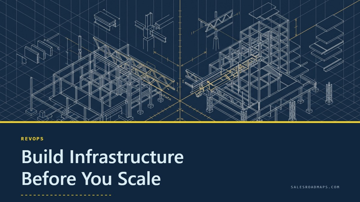 Social card for salesroadmaps.com: "Build Infrastructure Before You Scale", flat-design graphic, split layout, ink palette, roadmap motif.