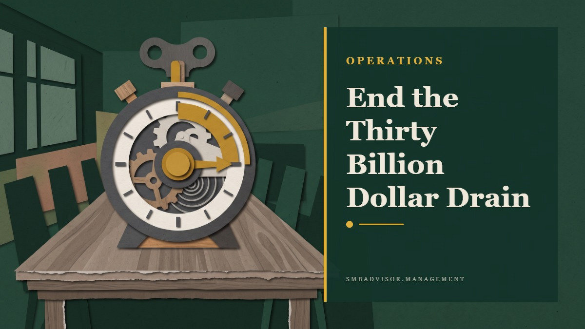 Social card for smbadvisor.management: "End the Thirty Billion Dollar Drain", flat-design graphic, split layout, oxblood palette, checklist motif.