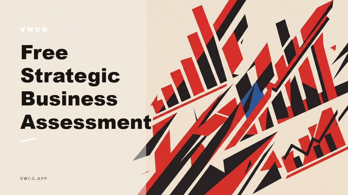 Social card for vwcg.app: "Free Strategic Business Assessment", flat-design graphic, diagonal layout, chart motif.