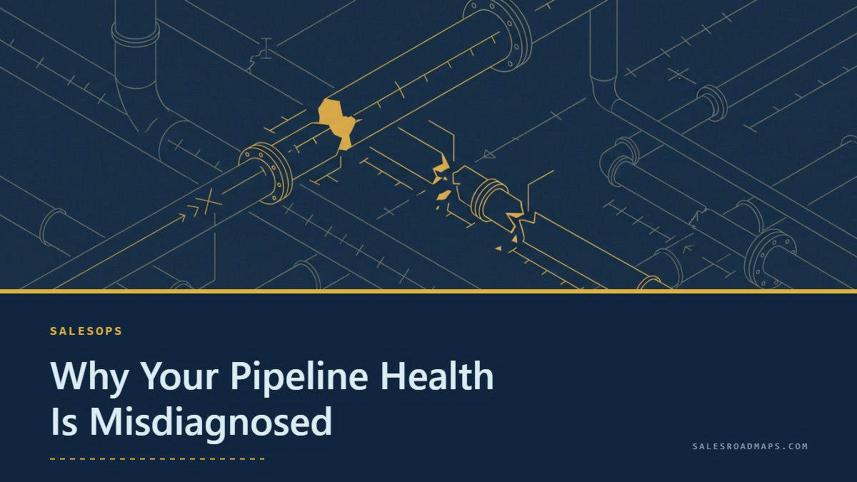 Social card for salesroadmaps.com: "Why Your Pipeline Health Is Misdiagnosed", flat-design graphic, split layout, oxblood palette, trend-down motif.