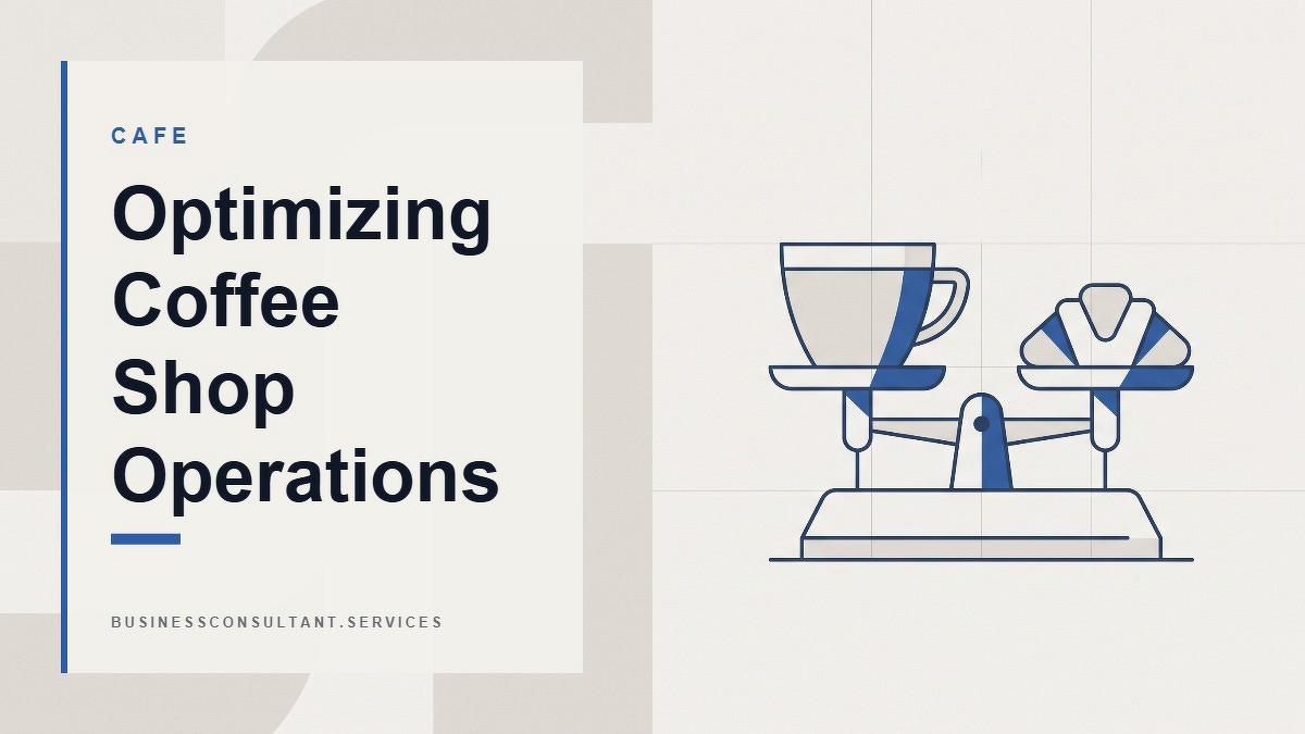 Social card for businessconsultant.services: "Optimizing Coffee Shop Operations", flat-design graphic, split layout, slate palette, chart motif.