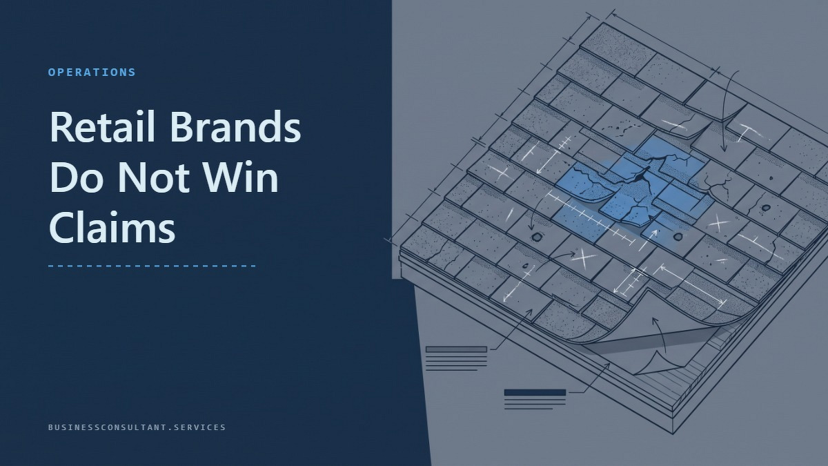 Social card for businessconsultant.services: "Retail Brands Do Not Win Claims", flat-design graphic, split layout, slate palette, warning motif.