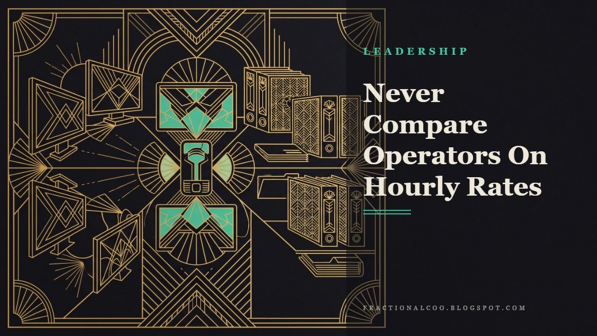 Social card for fractionalcoo.blogspot.com: "Never Compare Operators On Hourly Rates", flat-design graphic, split layout, oxblood palette, chart motif.
