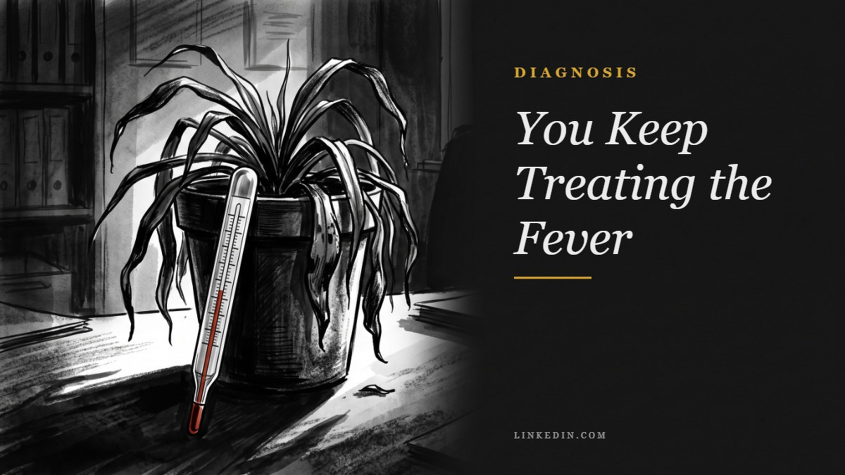 Social card for linkedin.com: "You Keep Treating the Fever", flat-design graphic, split layout, paper palette, warning motif.