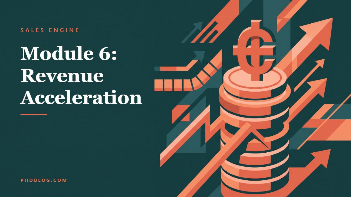 Social card for phdblog.com: "Module 6: Revenue Acceleration", flat-design graphic, slab layout, teal palette, dollar motif.