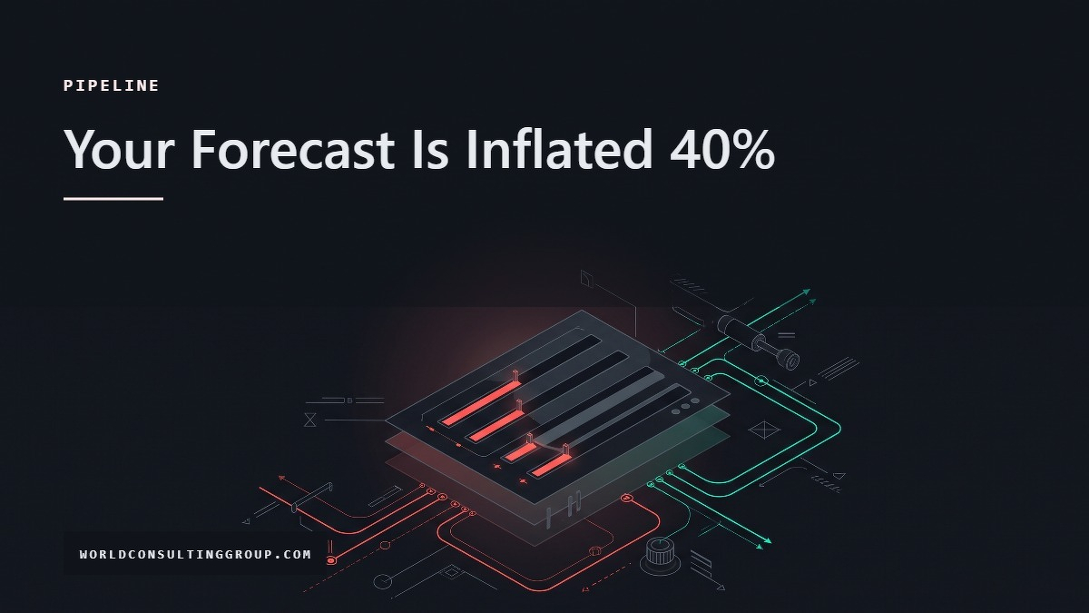 Social card for worldconsultinggroup.com: "Your Forecast Is Inflated 40%", flat-design graphic, split layout, chart motif.