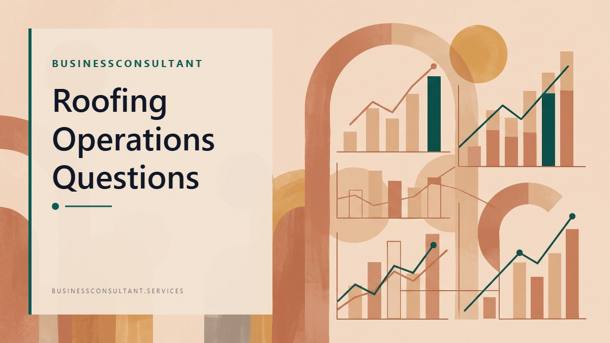 Social card for businessconsultant.services: "Roofing Operations Questions", flat-design graphic, split layout, slate palette, chart motif.