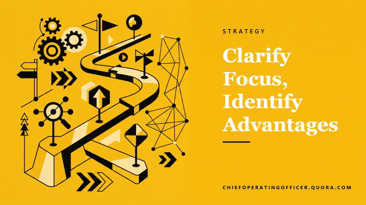 Social card for chiefoperatingofficer.quora.com: "Clarify Focus, Identify Advantages", flat-design graphic, split layout, teal palette, roadmap motif.