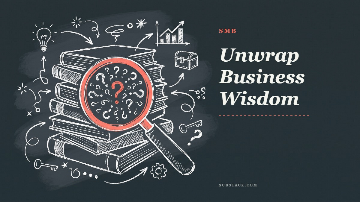 Social card for substack.com: "Unwrap Business Wisdom", flat-design graphic, split layout, paper palette, chart motif.