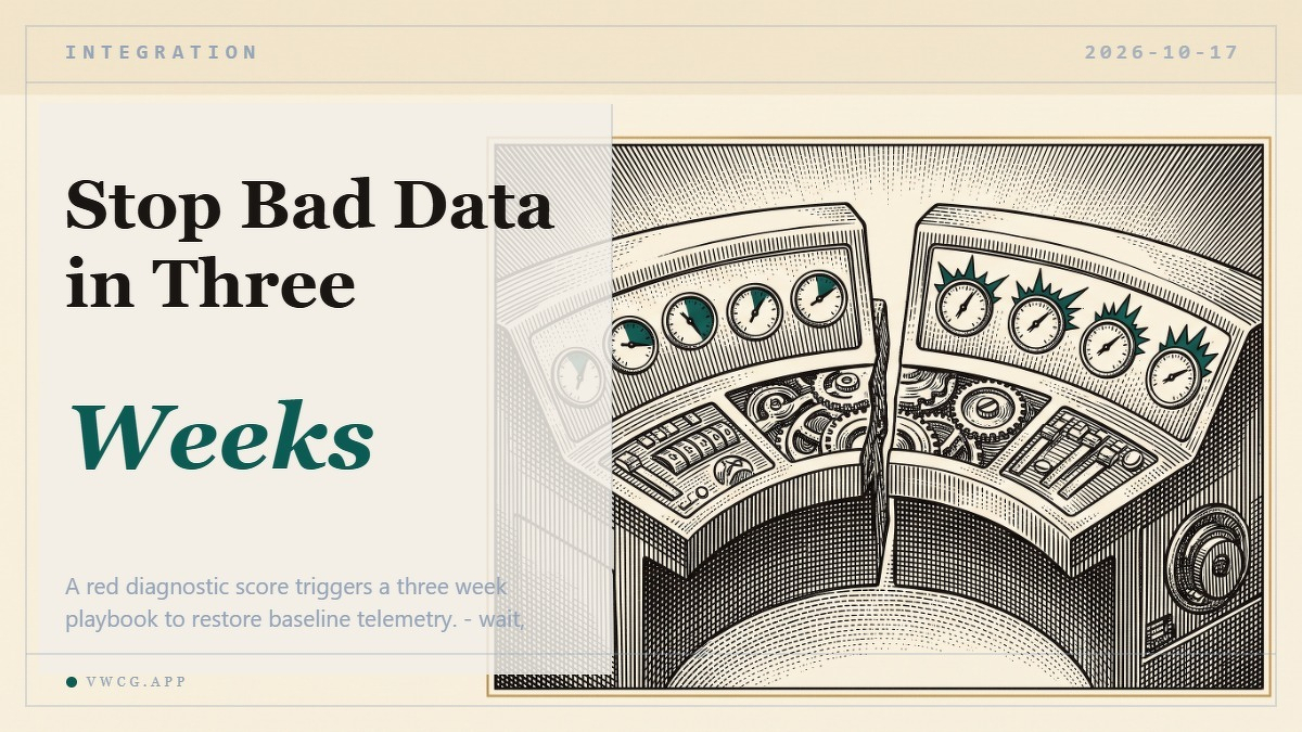 Social card for vwcg.app: "Stop Bad Data in Three Weeks", flat-design graphic, split layout, warning motif.