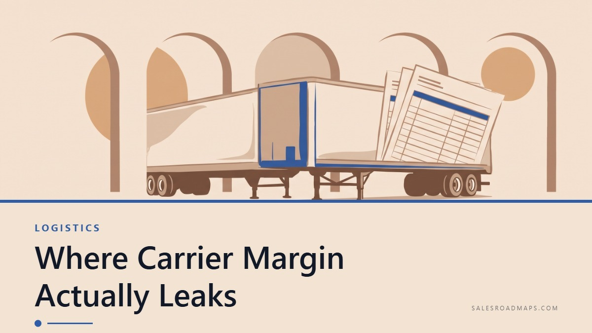 Social card for salesroadmaps.com: "Where Carrier Margin Actually Leaks", flat-design graphic, split layout, oxblood palette, truck motif.