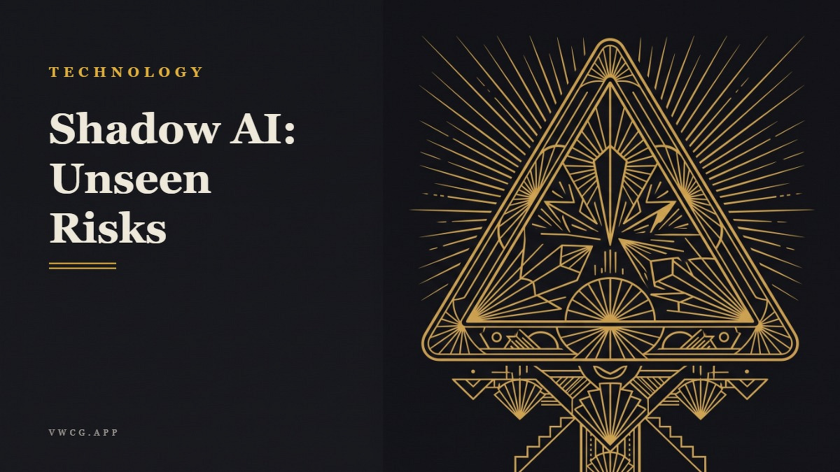 Social card for vwcg.app: "Shadow AI: Unseen Risks", flat-design graphic, split layout, teal palette, warning motif.