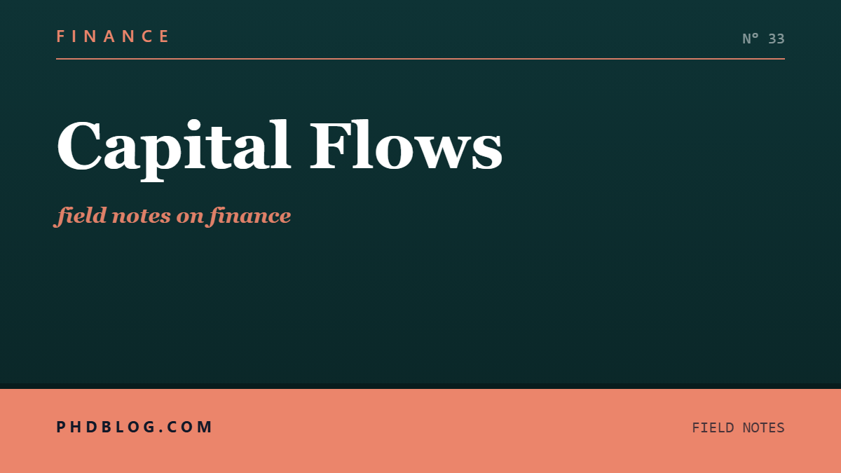 Social card for phdblog.com: "Capital Flows", flat-design graphic, slab layout, teal palette, dollar motif.