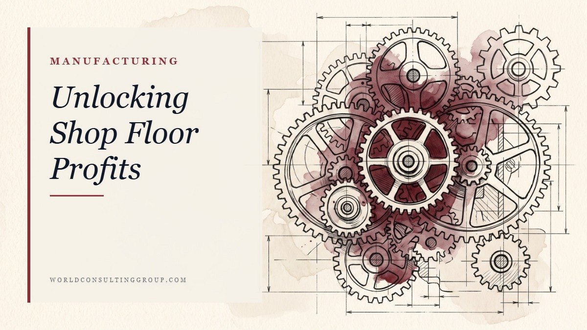 Social card for worldconsultinggroup.com: "Unlocking Shop Floor Profits", flat-design graphic, slab layout, ink palette, dollar motif.