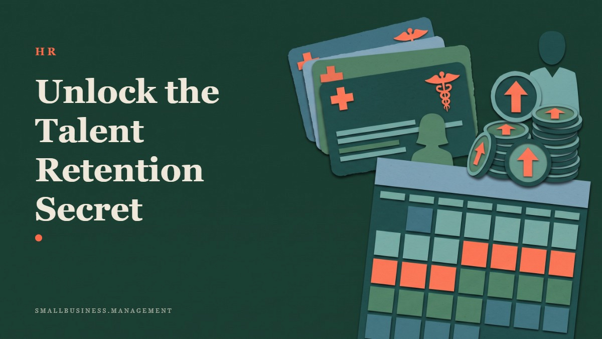 Social card for smallbusiness.management: "Unlock the Talent Retention Secret", flat-design graphic, split layout, forest palette, shield motif.