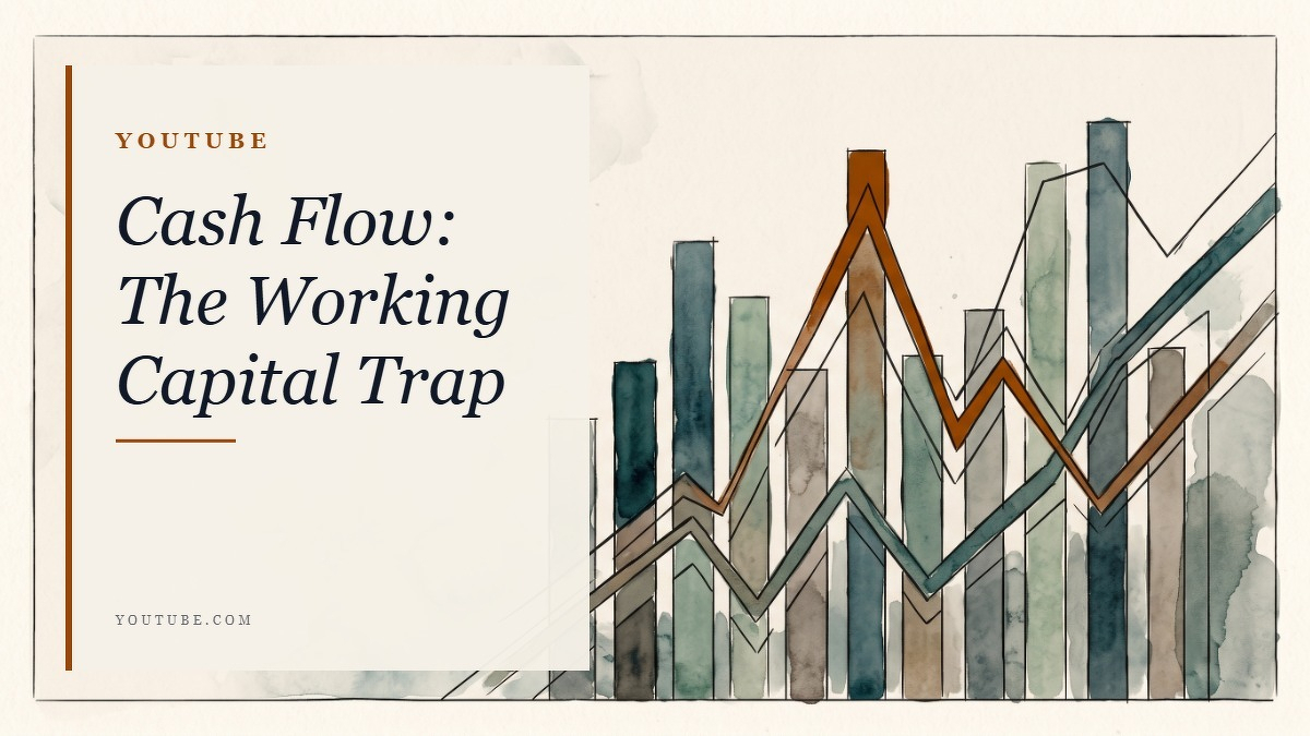 Social card for youtube.com: "Cash Flow: The Working Capital Trap", flat-design graphic, split layout, chart motif.