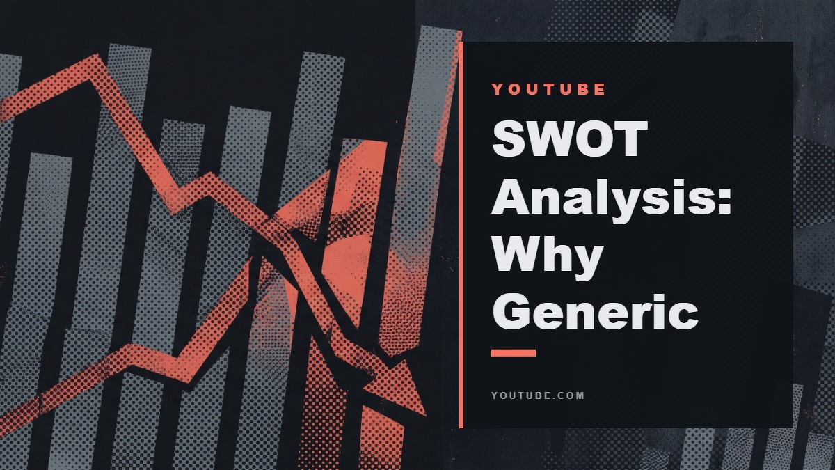 Social card for youtube.com: "SWOT Analysis: Why Generic Lists Replace Real", flat-design graphic, slab layout, chart motif.
