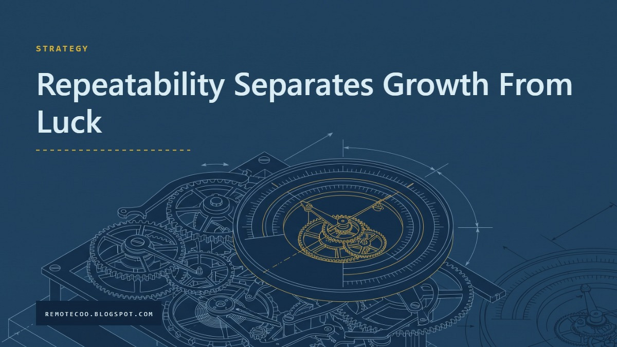 Social card for remotecoo.blogspot.com: "Repeatability Separates Growth From Luck", flat-design graphic, split layout, slate palette, chart motif.