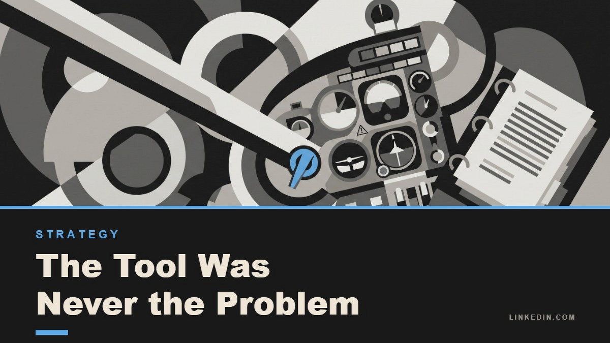 Social card for linkedin.com: "The Tool Was Never the Problem", flat-design graphic, split layout, paper palette, warning motif.